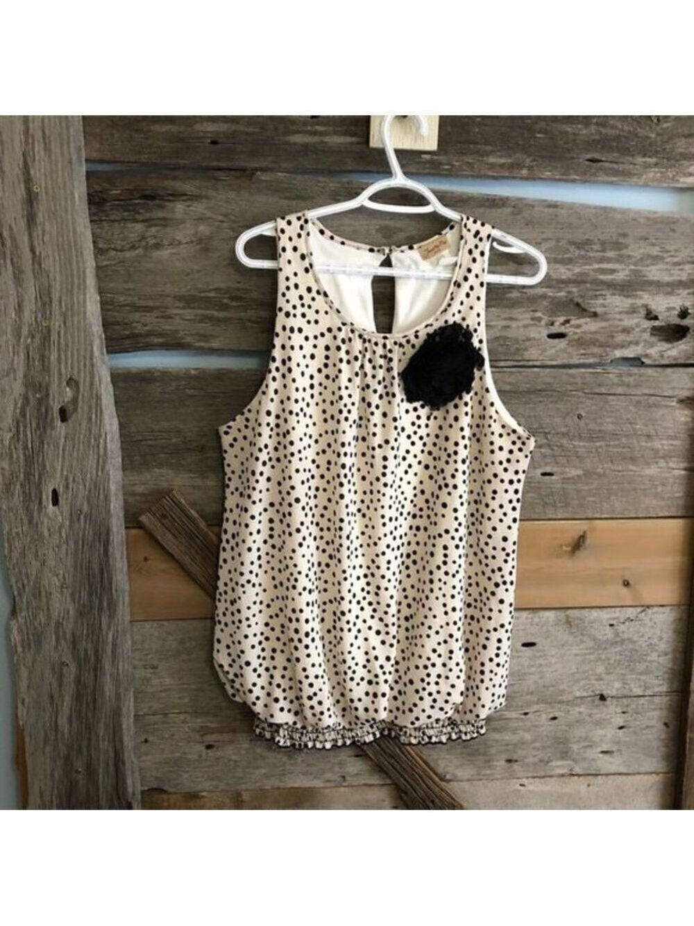 JANETTE Plus USA Plus size 3XL Cream polka dot blouse with chiffon flower